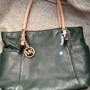 Michael Kors Green and Tan Leather Tote with Gold Accents